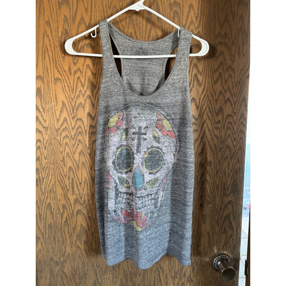 Gray Sugar Skull Racerback Tank Top Boho Day of‎ the Dead Graphic Sleeveless Tee